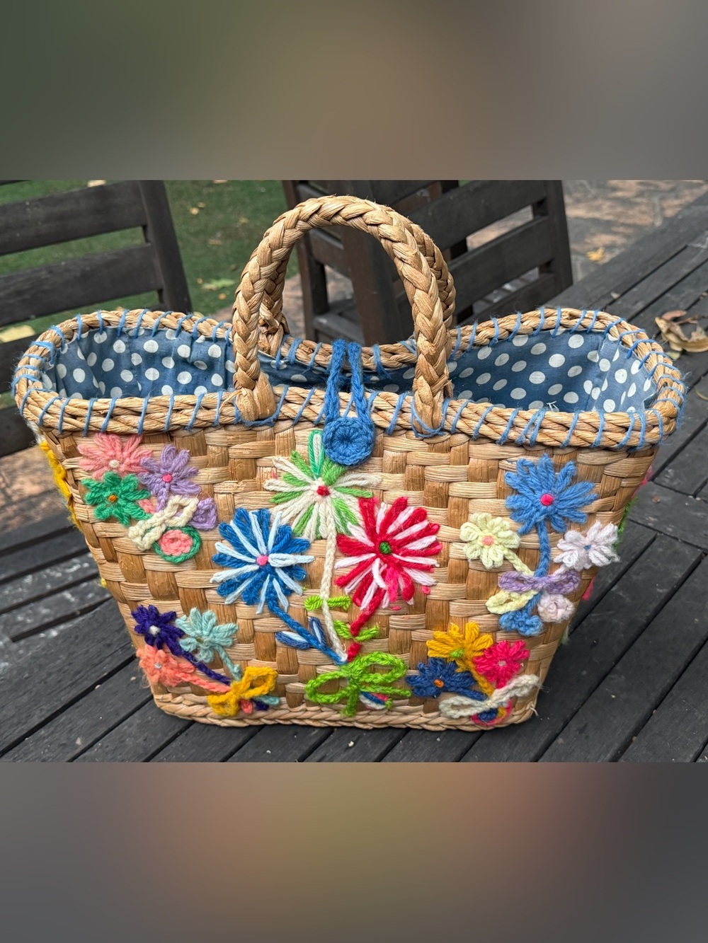 Vintage 70s Boho Cottagecore Floral Straw Tote Bag Embroidered Woven Purse